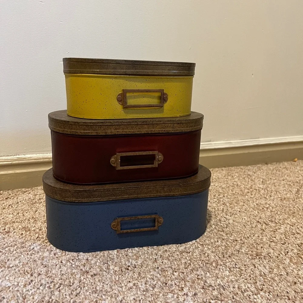 Vintage Style Nesting Metal Tins Set of 3 Oval Storage Boxes Label Holders
